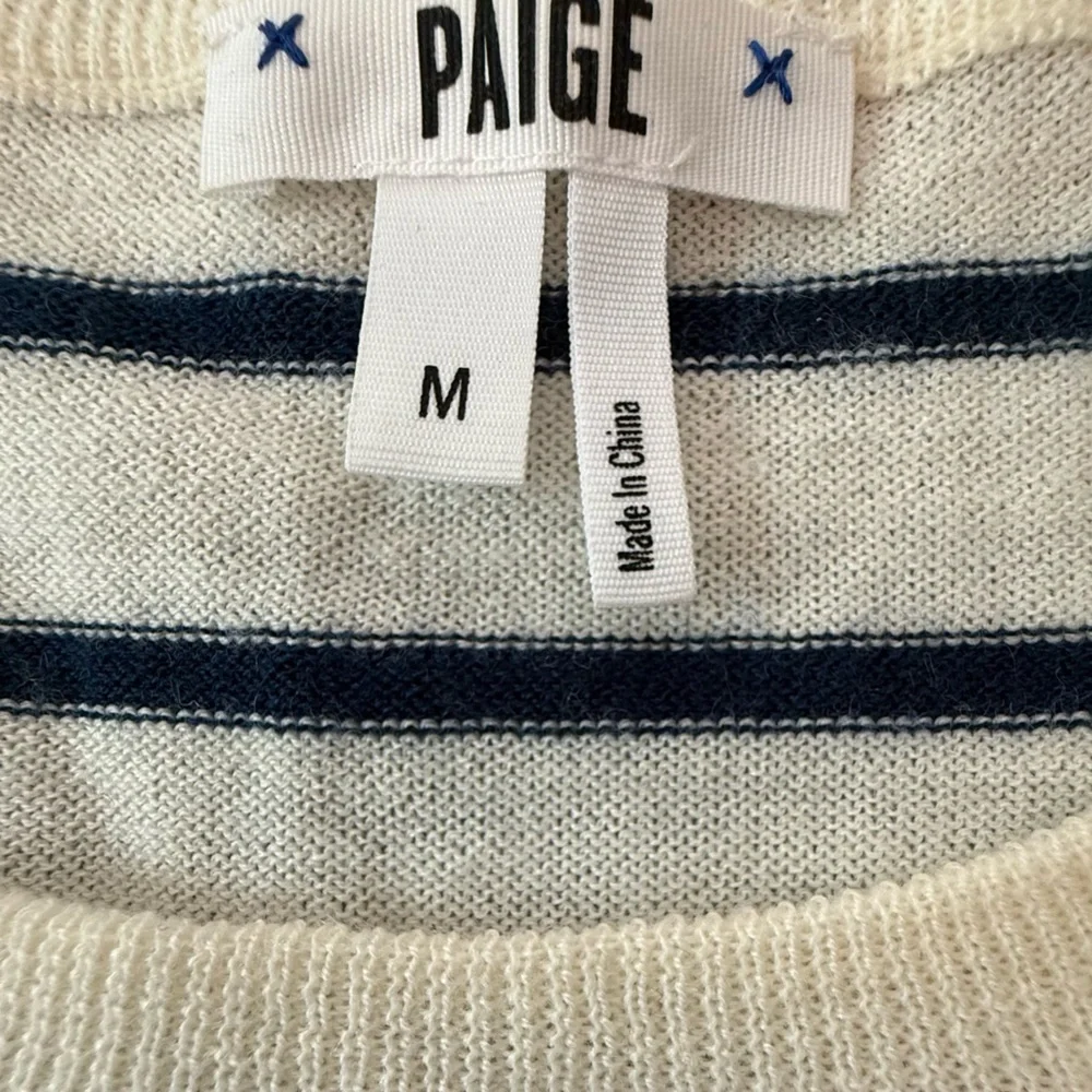 Paige Merino Wool Blend Long Sleeve Striped Crewneck Navy Cream Size Medium - Picture 4 of 7